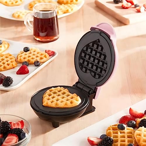 Mini Maker Waffle Maker 5“ Non-Stick Waffler Iron Stuffler Stuffed Wafflera Adjustable Browning Control, Heart, Pink