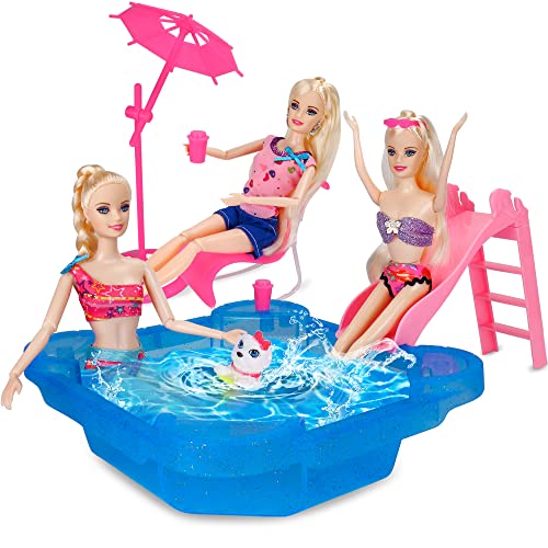 Deluxe Doll Pool Play Set, Doll Glam Pool with Slide&Dolls Accessories&Beach Umbrella&Chair, Suitable for Dolls Up to 12 Inch, Kids Gifts for 3 to 7 Year Olds Girls, Bath Toys for Toddlers