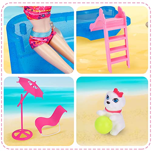 Deluxe Doll Pool Play Set, Doll Glam Pool with Slide&Dolls Accessories&Beach Umbrella&Chair, Suitable for Dolls Up to 12 Inch, Kids Gifts for 3 to 7 Year Olds Girls, Bath Toys for Toddlers