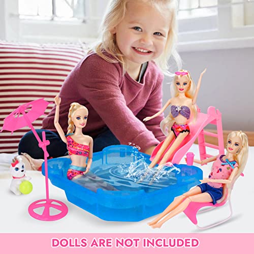 Deluxe Doll Pool Play Set, Doll Glam Pool with Slide&Dolls Accessories&Beach Umbrella&Chair, Suitable for Dolls Up to 12 Inch, Kids Gifts for 3 to 7 Year Olds Girls, Bath Toys for Toddlers