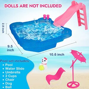 Deluxe Doll Pool Play Set, Doll Glam Pool with Slide&Dolls Accessories&Beach Umbrella&Chair, Suitable for Dolls Up to 12 Inch, Kids Gifts for 3 to 7 Year Olds Girls, Bath Toys for Toddlers