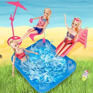 Deluxe Doll Pool Play Set, Doll Glam Pool with Slide&Dolls Accessories&Beach Umbrella&Chair, Suitable for Dolls Up to 12 Inch, Kids Gifts for 3 to 7 Year Olds Girls, Bath Toys for Toddlers