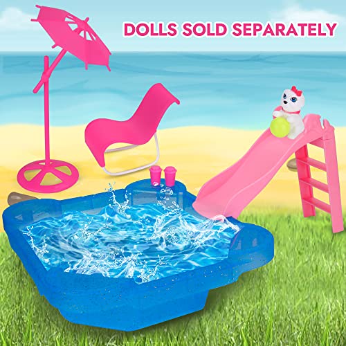 Deluxe Doll Pool Play Set, Doll Glam Pool with Slide&Dolls Accessories&Beach Umbrella&Chair, Suitable for Dolls Up to 12 Inch, Kids Gifts for 3 to 7 Year Olds Girls, Bath Toys for Toddlers