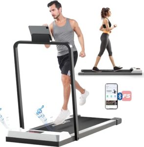 under desk treadmill 2 in 1 walking pad desk treadmill, powerful quiet walking jogging, bluetooth audio treadmill with led display, running treadmill work with remote control & app, installation-free