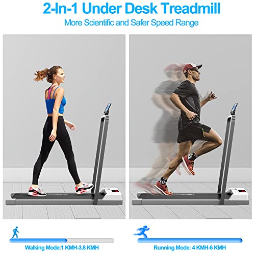 Under Desk Treadmill 2 in 1 Walking Pad Desk Treadmill, Powerful Quiet Walking Jogging, Bluetooth Audio Treadmill with LED Display, Running Treadmill Work with Remote Control & App, Installation-Free
