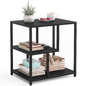 linsy home end table, 3-tier narrow side table with storage shelves, industrial beside table, wood nightstand for living room, bedroom, balcony, and office, easy to assembly, black