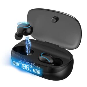 bluetooth earphone in-ear, wireless earbuds touch control with microphone, bluetooth 5.2 noise cancelling headphones, hifi stereo, ip67 waterproof, led display fast charging case, for sport and work.
