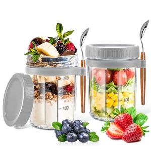 syouacend set of 2 overnight oats containers with lids and spoon, 10 oz large capacity glass oatmeal jars, mason jars with airtight lids for overnight oats, milk, cereal, fruit