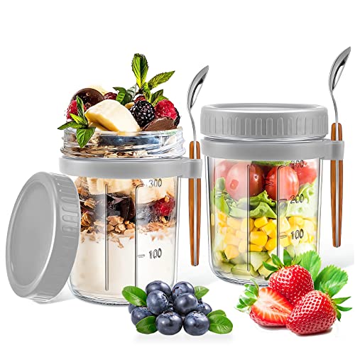 SYOUACEND Set of 2 Overnight Oats Containers with Lids and Spoon, 10 oz Large Capacity Glass Oatmeal Jars, Mason Jars with Airtight Lids for Overnight Oats, Milk, Cereal, Fruit