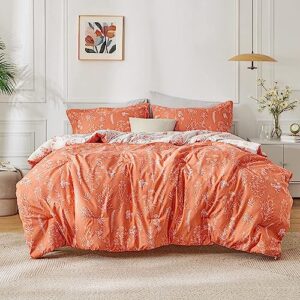 bedsure full comforter set for kids - coral orange comforter, cute floral kids comforter sets, 3 pieces, includes 1 reversible botanical comforter for children and 2 pillow shams