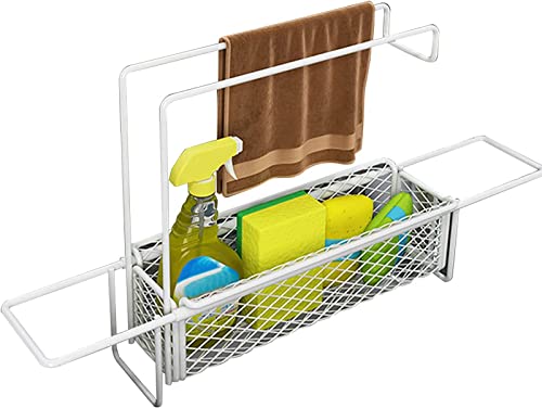 LIFOND Kitchen Sink Caddy Telescopic Sink Storage Rack Expandable Carbon Steel Sink Caddy Organizer with Towel Bar Under Sink Organiser Adjustable Sponge Holder Brush Soap Drainer Rack,White