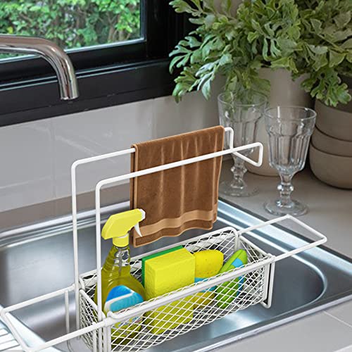 LIFOND Kitchen Sink Caddy Telescopic Sink Storage Rack Expandable Carbon Steel Sink Caddy Organizer with Towel Bar Under Sink Organiser Adjustable Sponge Holder Brush Soap Drainer Rack,White