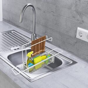 LIFOND Kitchen Sink Caddy Telescopic Sink Storage Rack Expandable Carbon Steel Sink Caddy Organizer with Towel Bar Under Sink Organiser Adjustable Sponge Holder Brush Soap Drainer Rack,White