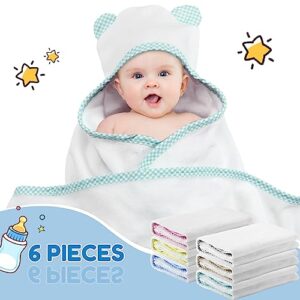 Oudain 6 Pieces Hooded Baby Towels Baby Bath Towel with Ears Hooded Soft Absorbent Coral Fleece Newborn Towels 30 x 30 Inch Infant Towels Toddler Bath Blanket Towels Supplies