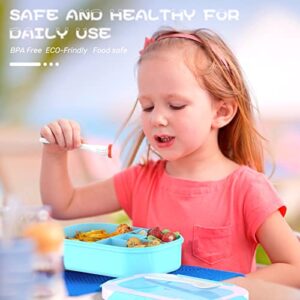 TEVIKE Kids & Adults Bento Lunch Box-4 Compartment Leak-Proof Food Containers with Fork & Spoon, BPA Free, Bento Adult Lunch Box for Work School, Microwave & Dishwasher Safe (Misty Pk-Blue)