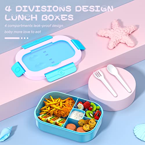 TEVIKE Kids & Adults Bento Lunch Box-4 Compartment Leak-Proof Food Containers with Fork & Spoon, BPA Free, Bento Adult Lunch Box for Work School, Microwave & Dishwasher Safe (Misty Pk-Blue)