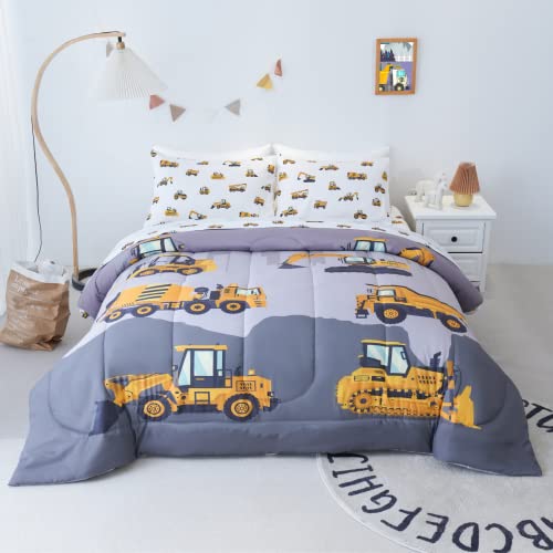 Cokouchyi 4-Pcs Construction Kids Bedding Set for Boys, Twin Size Comforter Set with Sheets and Pillowcase, 4-Pcs Soft Lightweight Bed in a Bag, Fluffy & Durable Children Bed Set, Cartoon Truck Cars