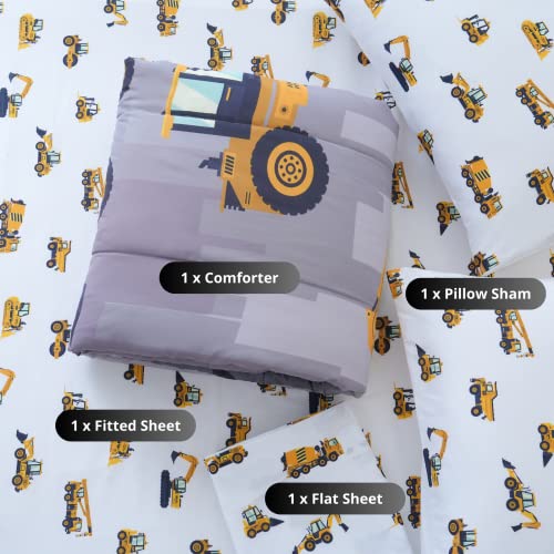 Cokouchyi 4-Pcs Construction Kids Bedding Set for Boys, Twin Size Comforter Set with Sheets and Pillowcase, 4-Pcs Soft Lightweight Bed in a Bag, Fluffy & Durable Children Bed Set, Cartoon Truck Cars