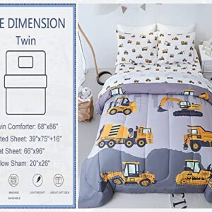 Cokouchyi 4-Pcs Construction Kids Bedding Set for Boys, Twin Size Comforter Set with Sheets and Pillowcase, 4-Pcs Soft Lightweight Bed in a Bag, Fluffy & Durable Children Bed Set, Cartoon Truck Cars