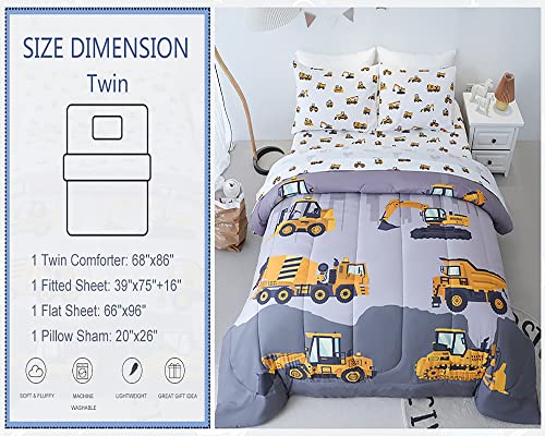 Cokouchyi 4-Pcs Construction Kids Bedding Set for Boys, Twin Size Comforter Set with Sheets and Pillowcase, 4-Pcs Soft Lightweight Bed in a Bag, Fluffy & Durable Children Bed Set, Cartoon Truck Cars