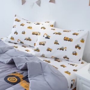 Cokouchyi 4-Pcs Construction Kids Bedding Set for Boys, Twin Size Comforter Set with Sheets and Pillowcase, 4-Pcs Soft Lightweight Bed in a Bag, Fluffy & Durable Children Bed Set, Cartoon Truck Cars