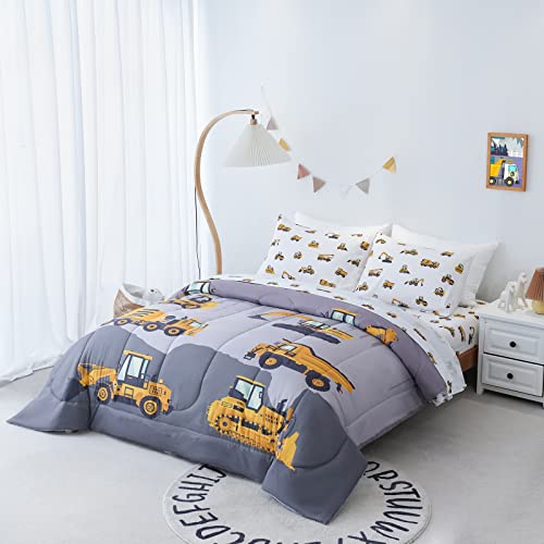 Cokouchyi 4-Pcs Construction Kids Bedding Set for Boys, Twin Size Comforter Set with Sheets and Pillowcase, 4-Pcs Soft Lightweight Bed in a Bag, Fluffy & Durable Children Bed Set, Cartoon Truck Cars