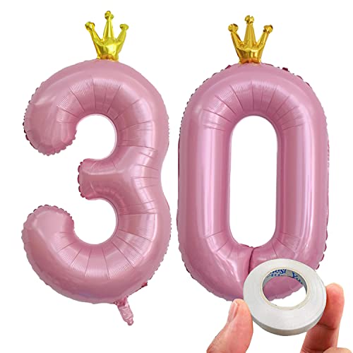 KEYYOOMY 40 in Big Number 30 Mylar Balloons with Crown (Number 30, 40 in, Pink Color)