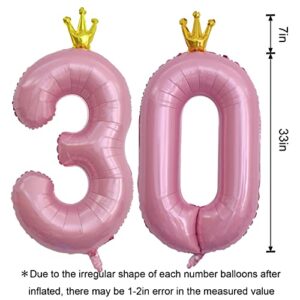 KEYYOOMY 40 in Big Number 30 Mylar Balloons with Crown (Number 30, 40 in, Pink Color)