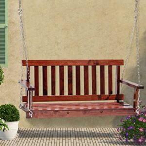 Wooden Porch Swing Chair for 2-Seater, Outdoor Patio Swing with Hanging Chains and Reclined Backrest for Yard Patio Garden, Swing Bench Hanging Swing Outdoor Swings for Adults, 800 lbs Capacity, Brown