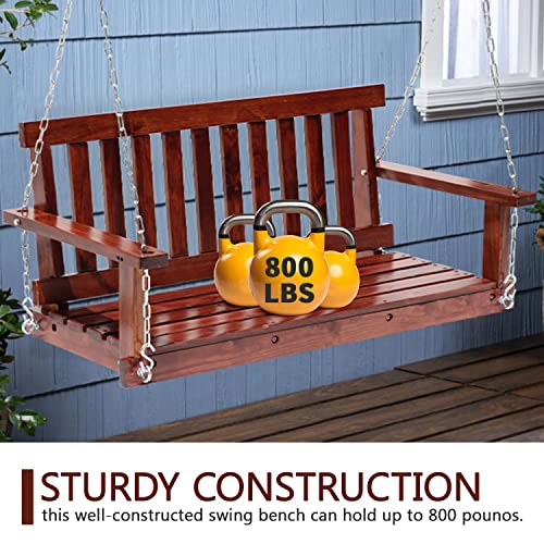 Wooden Porch Swing Chair for 2-Seater, Outdoor Patio Swing with Hanging Chains and Reclined Backrest for Yard Patio Garden, Swing Bench Hanging Swing Outdoor Swings for Adults, 800 lbs Capacity, Brown