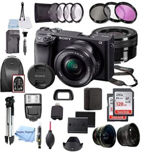 alpha a6400 mirrorless digital camera 24.2mp sensor with 16-50mm lens, 2 pack sandisk 128gb memory card, backpack, full size tripod & inspire digital cloth accessory bundle (black) (renewed)