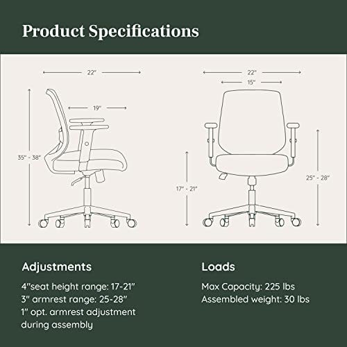 Branch Daily Chair - Sustainable and Stylish Mesh Computer Office Chair with Swivel, Lumbar Rest, and Adjustable Armrests - Comfortable Seating for Improved Posture and Productivity - Green-White