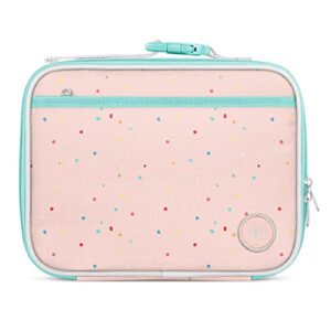 simple modern kids lunch box for toddler | reusable insulated bag for girls | meal containers for school with exterior and interior pockets | hadley collection | rainbow speckles