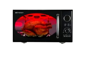 emerson radio .9 cu ft digital microwave oven, grill function, 1,000 watt, retro & chrome, 8 pre-programmed settings, express & defrost, chrome handle & control buttons, timer & led display,black
