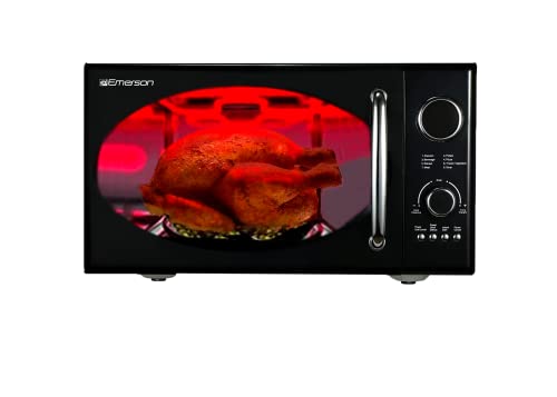 Emerson Radio .9 Cu Ft Digital Microwave Oven, Grill Function, 1,000 Watt, Retro & Chrome, 8 Pre-Programmed Settings, Express & Defrost, Chrome Handle & Control Buttons, Timer & LED Display,Black