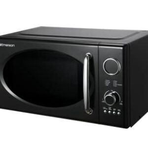 Emerson Radio .9 Cu Ft Digital Microwave Oven, Grill Function, 1,000 Watt, Retro & Chrome, 8 Pre-Programmed Settings, Express & Defrost, Chrome Handle & Control Buttons, Timer & LED Display,Black