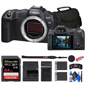 canon eos r8 mirrorless camera (5803c002) + 64gb memory card + bag + charger + lpe17 battery + card reader + memory wallet + cleaning kit (renewed)