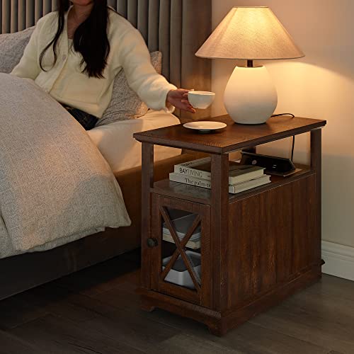 ZEANEW End Table with Charging Station - Nightstand Side Table with Adjustable Storage Shelf for Living Room and Bedroom, Power outlets & USB Ports (Dark Brown)