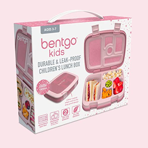 Bentgo® Kids 5-Compartment Lunch Box - Glitter Design for School, Ideal for Ages 3-7, Leak-Proof, Drop-Proof, Dishwasher Safe, & Made with BPA-Free Materials (Glitter Edition - Petal Pink)