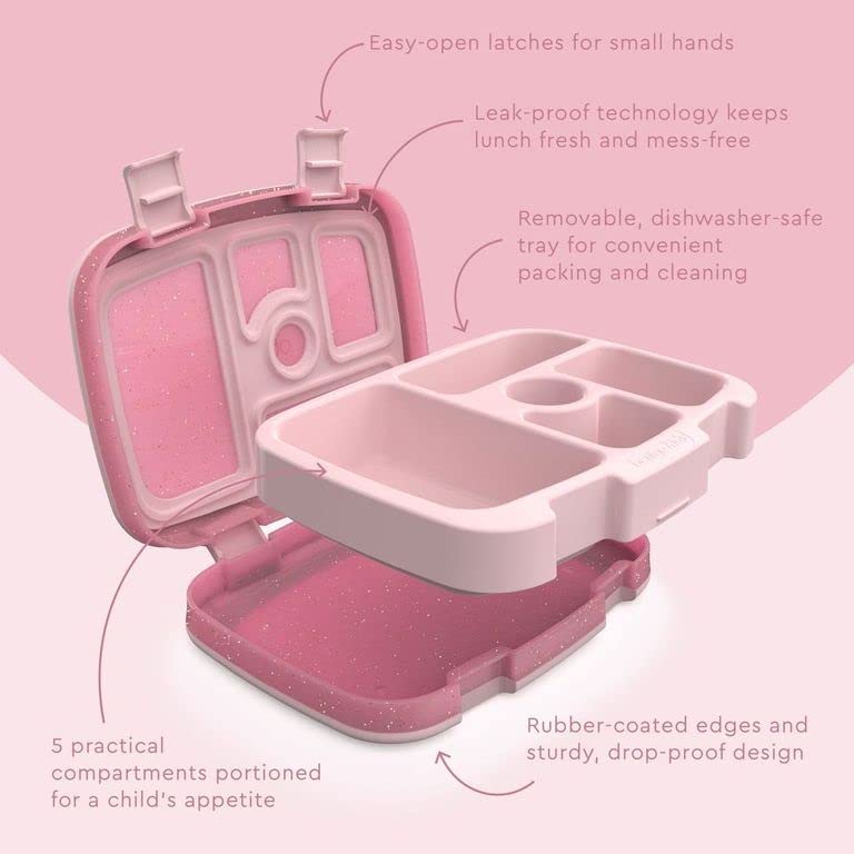 Bentgo® Kids 5-Compartment Lunch Box - Glitter Design for School, Ideal for Ages 3-7, Leak-Proof, Drop-Proof, Dishwasher Safe, & Made with BPA-Free Materials (Glitter Edition - Petal Pink)