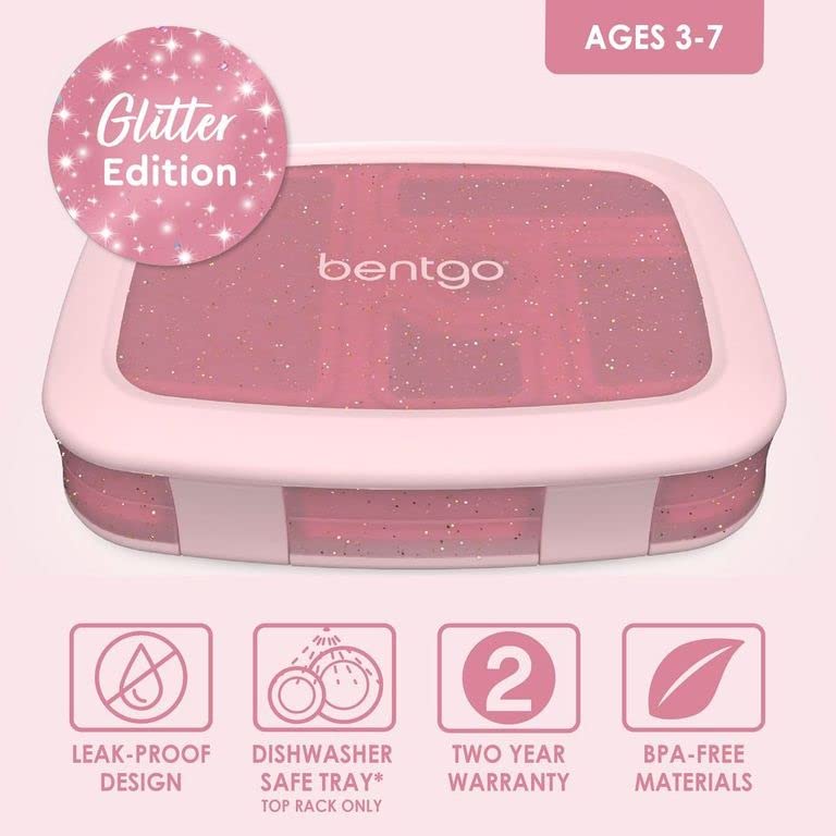 Bentgo® Kids 5-Compartment Lunch Box - Glitter Design for School, Ideal for Ages 3-7, Leak-Proof, Drop-Proof, Dishwasher Safe, & Made with BPA-Free Materials (Glitter Edition - Petal Pink)