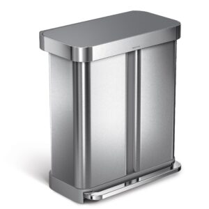 simplehuman 58 liter / 15.3 gallon rectangular dual compartment recycling step, brushed stainless steel with soft-close plastic lid kitchen trash can
