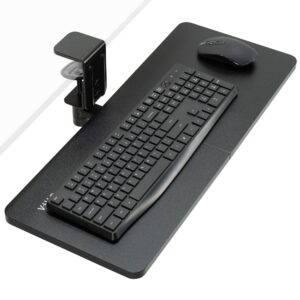 vivo clamp-on rotating computer keyboard and mouse tray, swiveling 25 x 10 inch platform with extra sturdy single desk clamp, ergonomic typing, black, mount-kb01cb