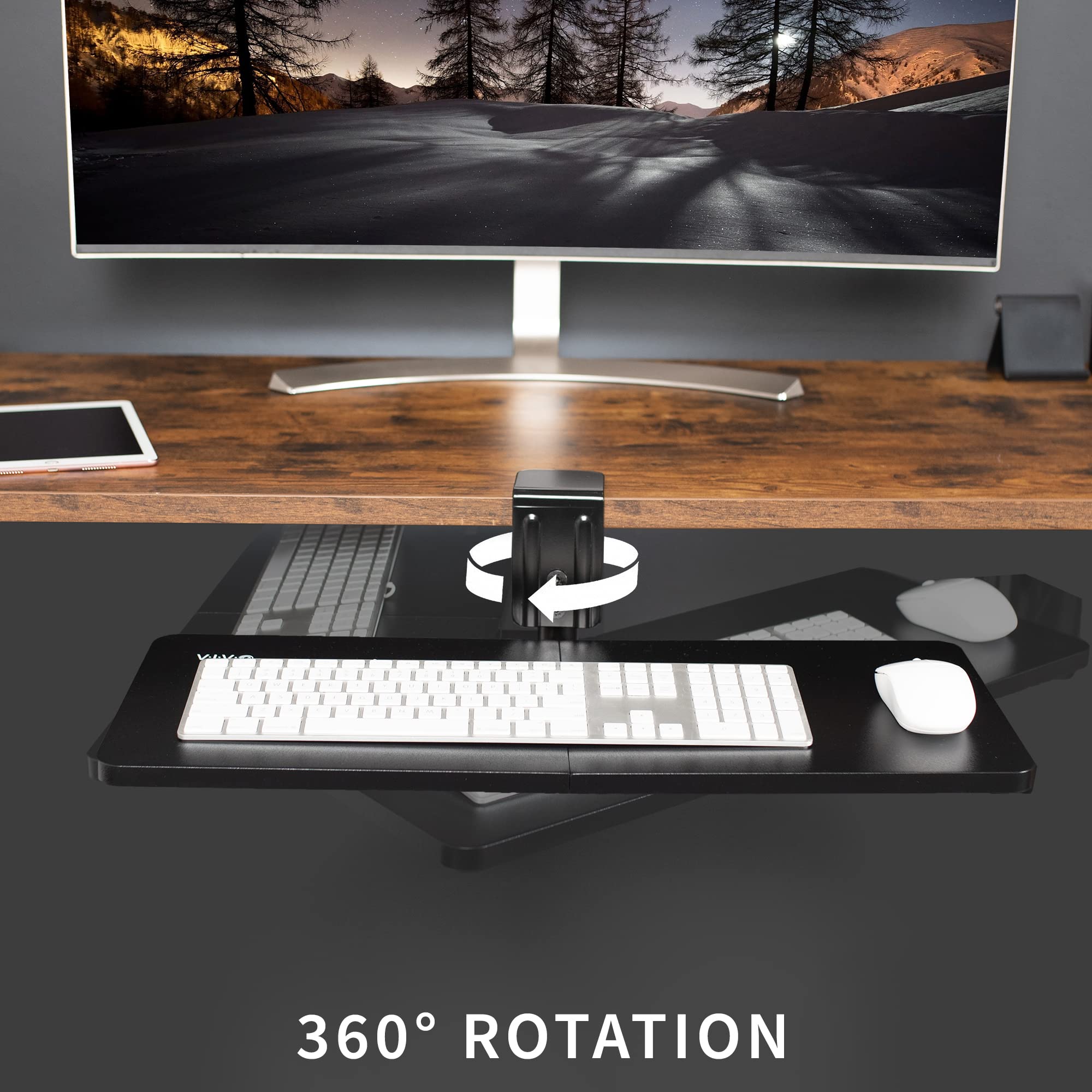 VIVO Clamp-on Rotating Computer Keyboard and Mouse Tray, Swiveling 25 x 10 inch Platform with Extra Sturdy Single Desk Clamp, Ergonomic Typing, Black, MOUNT-KB01CB