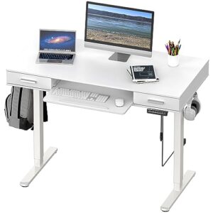 shw 48-inch electric height adjustable desk with keyboard tray and two drawers