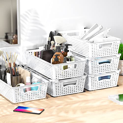 Simple Houseware 6-Pack Plastic Stackable Storage Basket Pantry Organizer, White