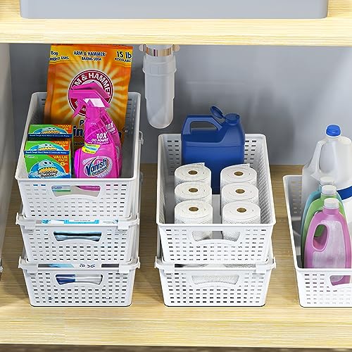 Simple Houseware 6-Pack Plastic Stackable Storage Basket Pantry Organizer, White