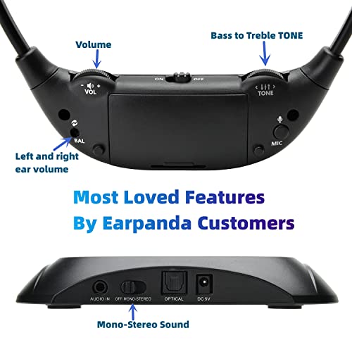 Earpanda Dual Wireless TV Headphones for Seniors - Hear TV Louder and Clearer with Tone and Balance Control - 100ft Long Range | Works with Two Users and Digital Smart and Analog Televisions