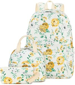 ledaou backpack for teen girls school bags kids bookbags set school backpack with lunch box and pencil case (yellow white flowers)