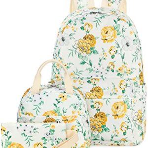 LEDAOU Backpack for Teen Girls School Bags Kids Bookbags Set School Backpack with Lunch Box and Pencil Case (Yellow White Flowers)